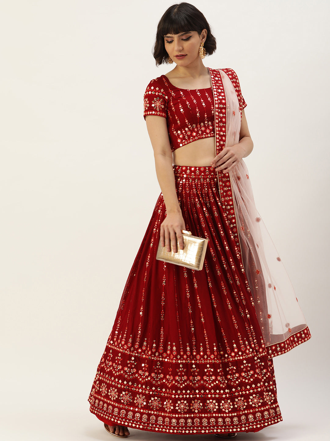 Women's Maroon Pure Georgette Sequince Embroidered Lehenga & Blouse With Dupatta - Royal Dwells