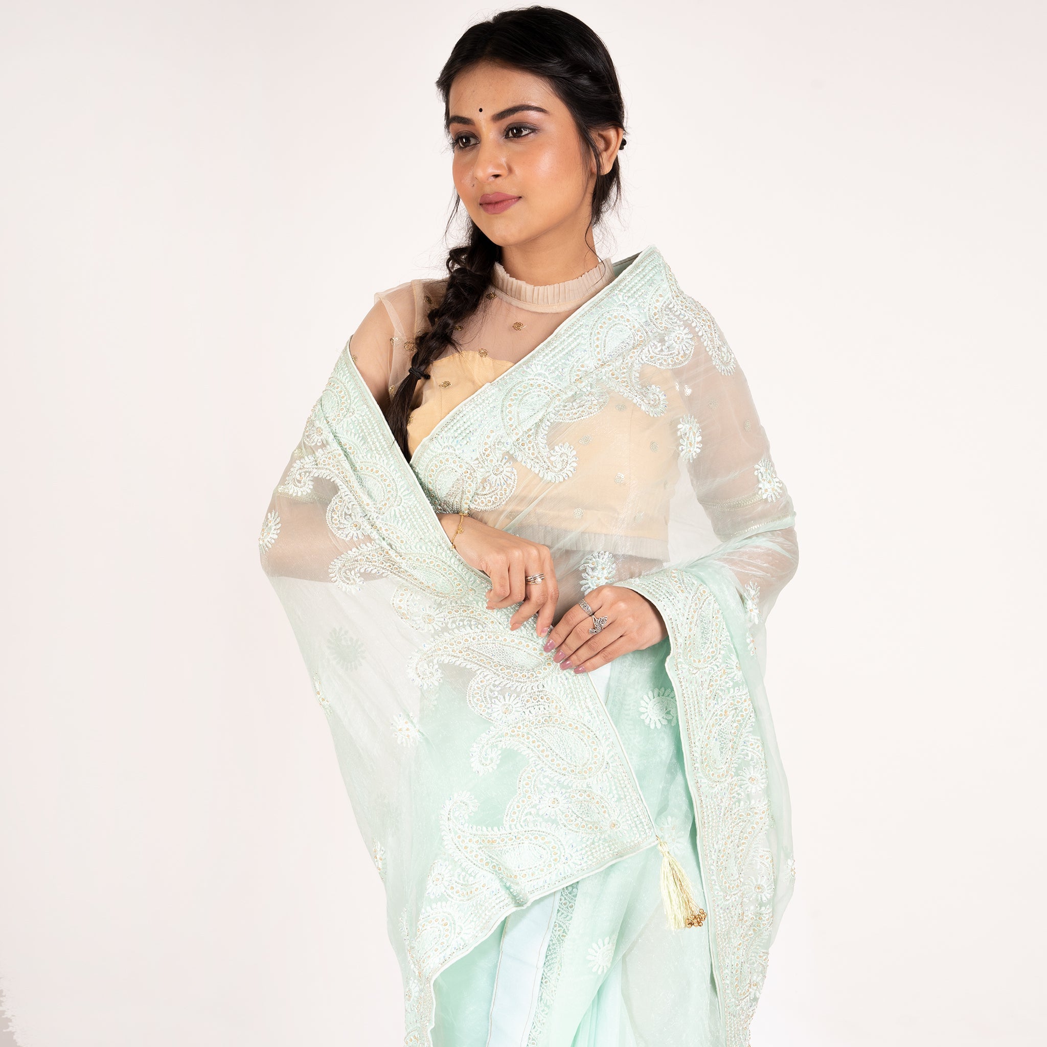Women's Aqua Blue Pure Chiffon Fully Embroidered Saree With Crystallization - Boveee