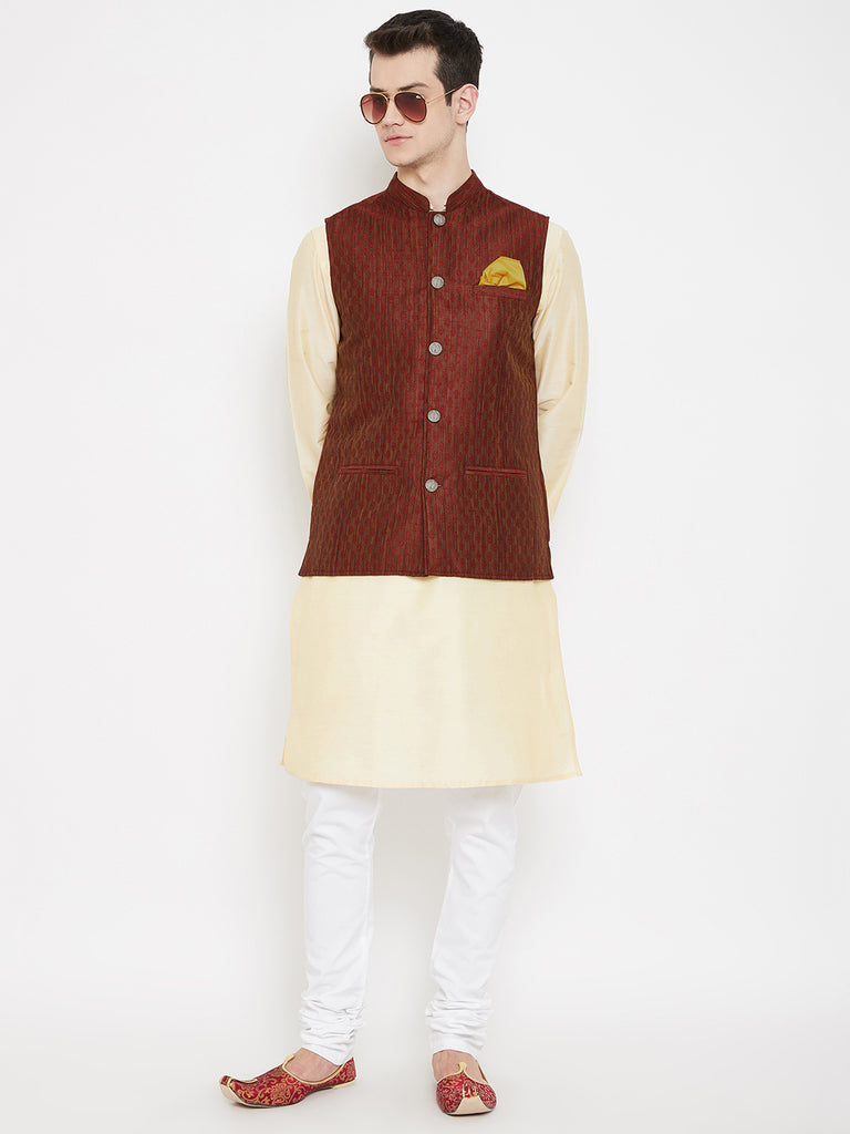 Men's Jacquard Maroon Silk Nehru Jacket