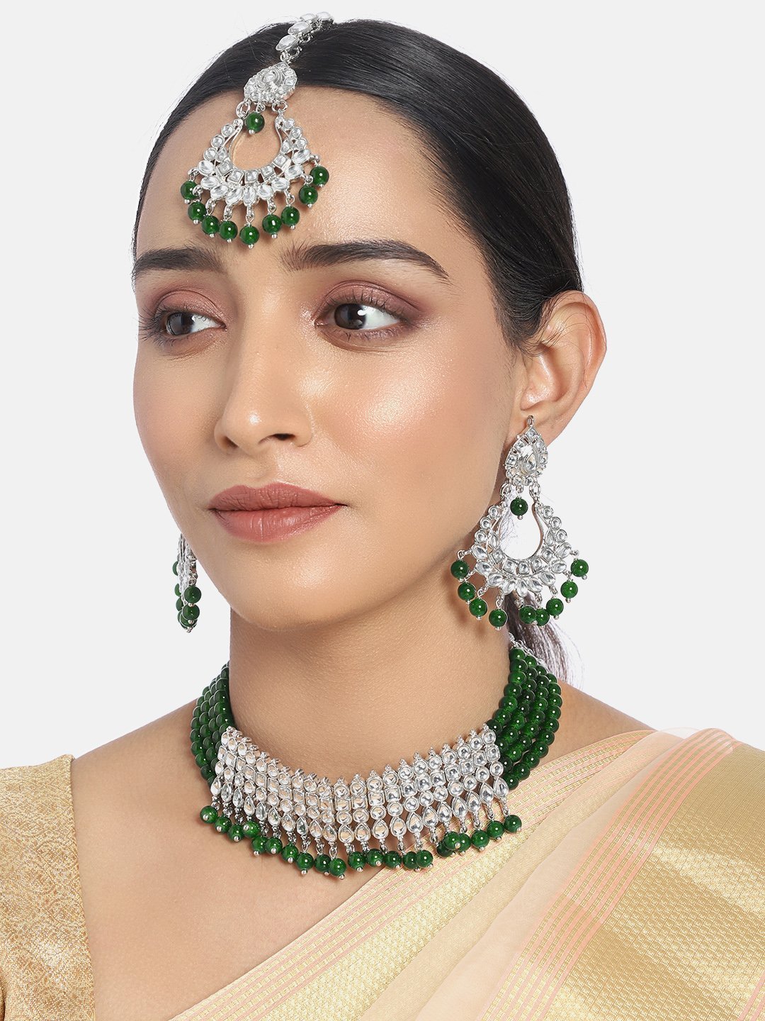 Women's Rhodium Plated Ethnic Green Kundan & Pearl Choker Necklace Set - i jewels