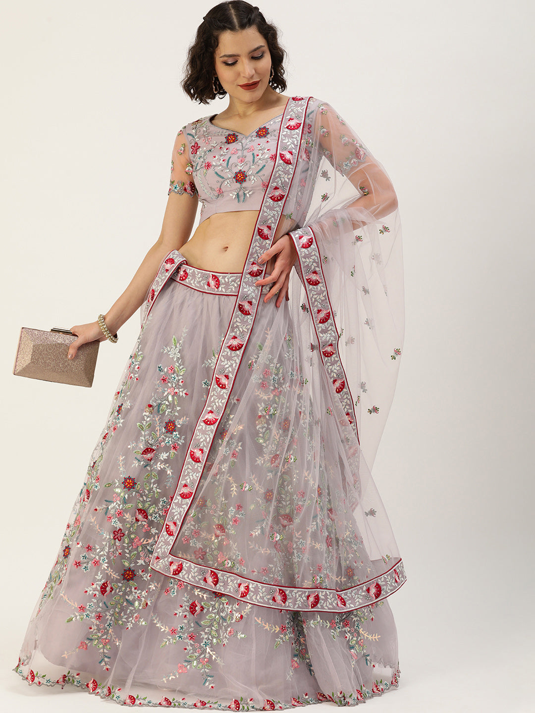 Women's Lavender Net Sequince Embroidered Lehenga & Blouse With Dupatta - Royal Dwells