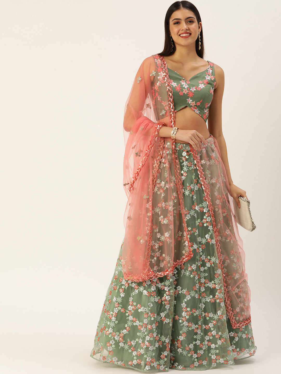 Women's Olive Net Multi Sequince Embroidery Fully Stitched Lehenga - Royal Dwells