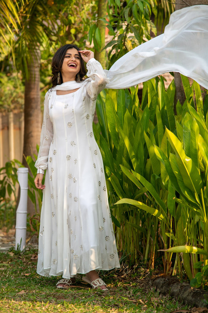 Women's White Sequin Alternate Kali Anarkali Set