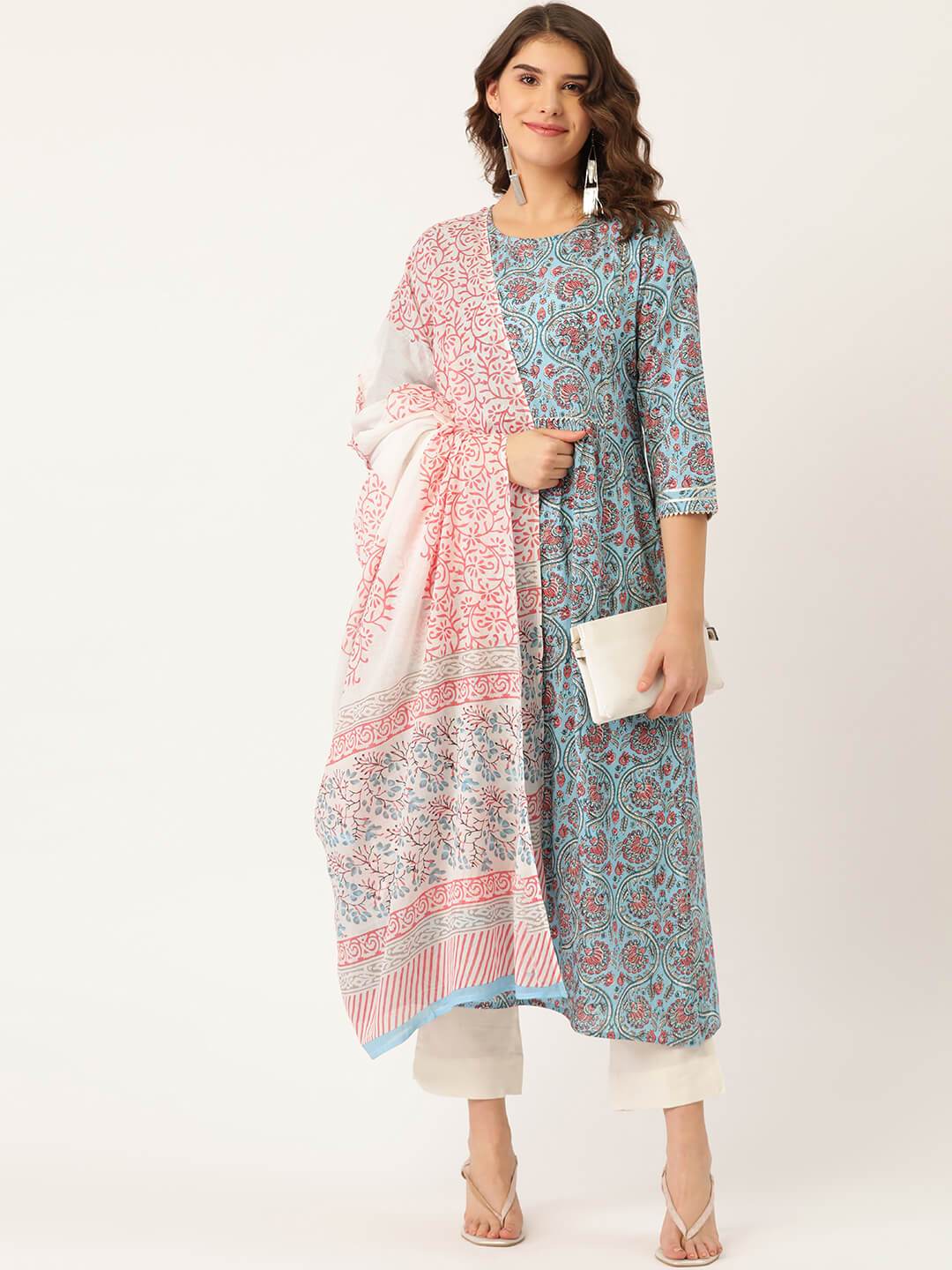Women's Cotton Printed A-line Kurta Suit Set With Dupatta - Maaesa