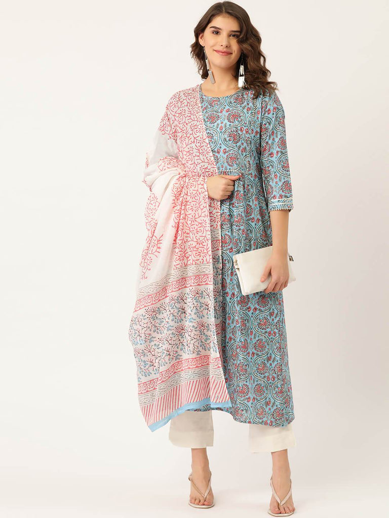 Women's Cotton Printed A-line Kurta Suit Set With Dupatta