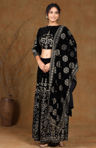 Women's Black Velvet Printed Lehenga Choli Dupatta Set - Juniper