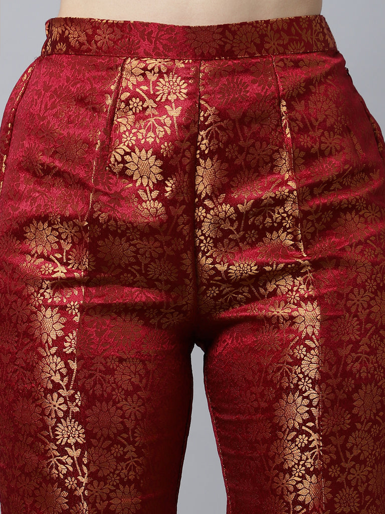 Women's Maroon Brocade Straight Kurti With Straight Pants