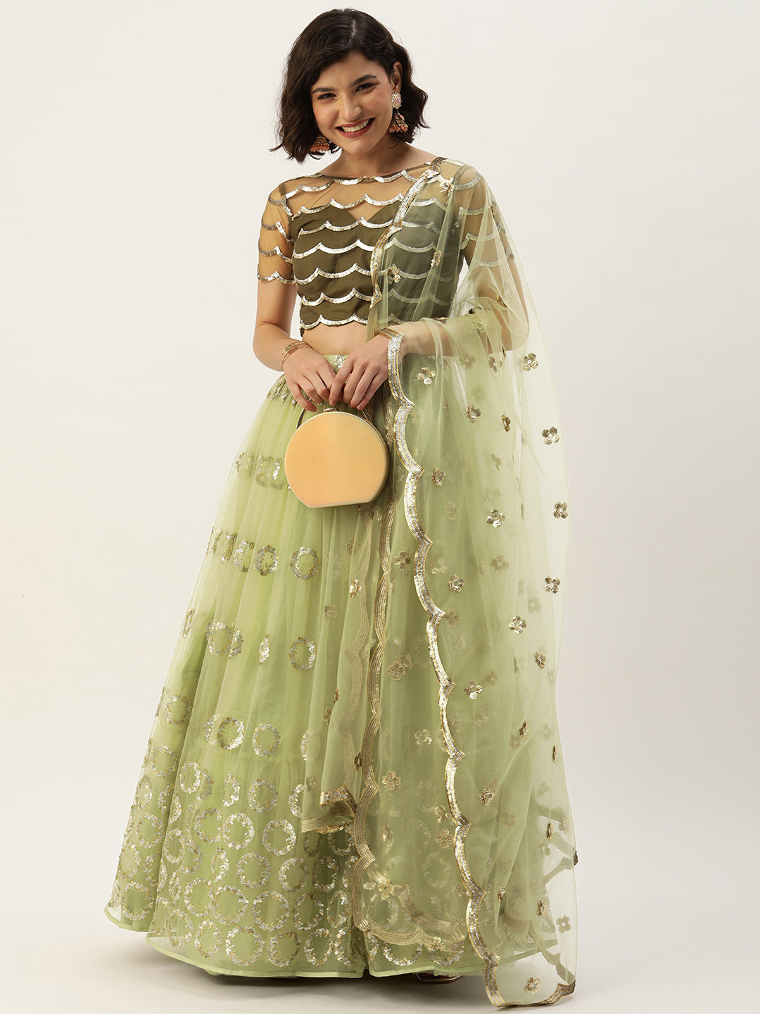 Women's Lime Green Net Embroideried Round Sequince Lehenga & Blouse With Dupatta - Royal Dwells