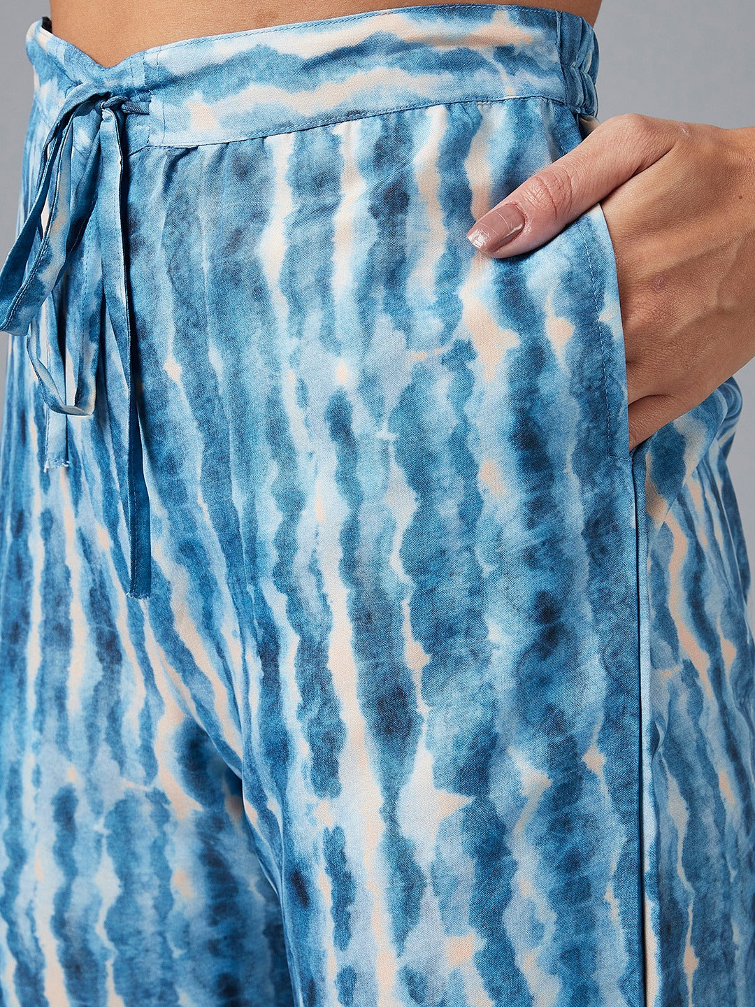 Women's Blue And Beige Shibori Printed A-Line Kurta Palazzo Dupatta Set - Azira