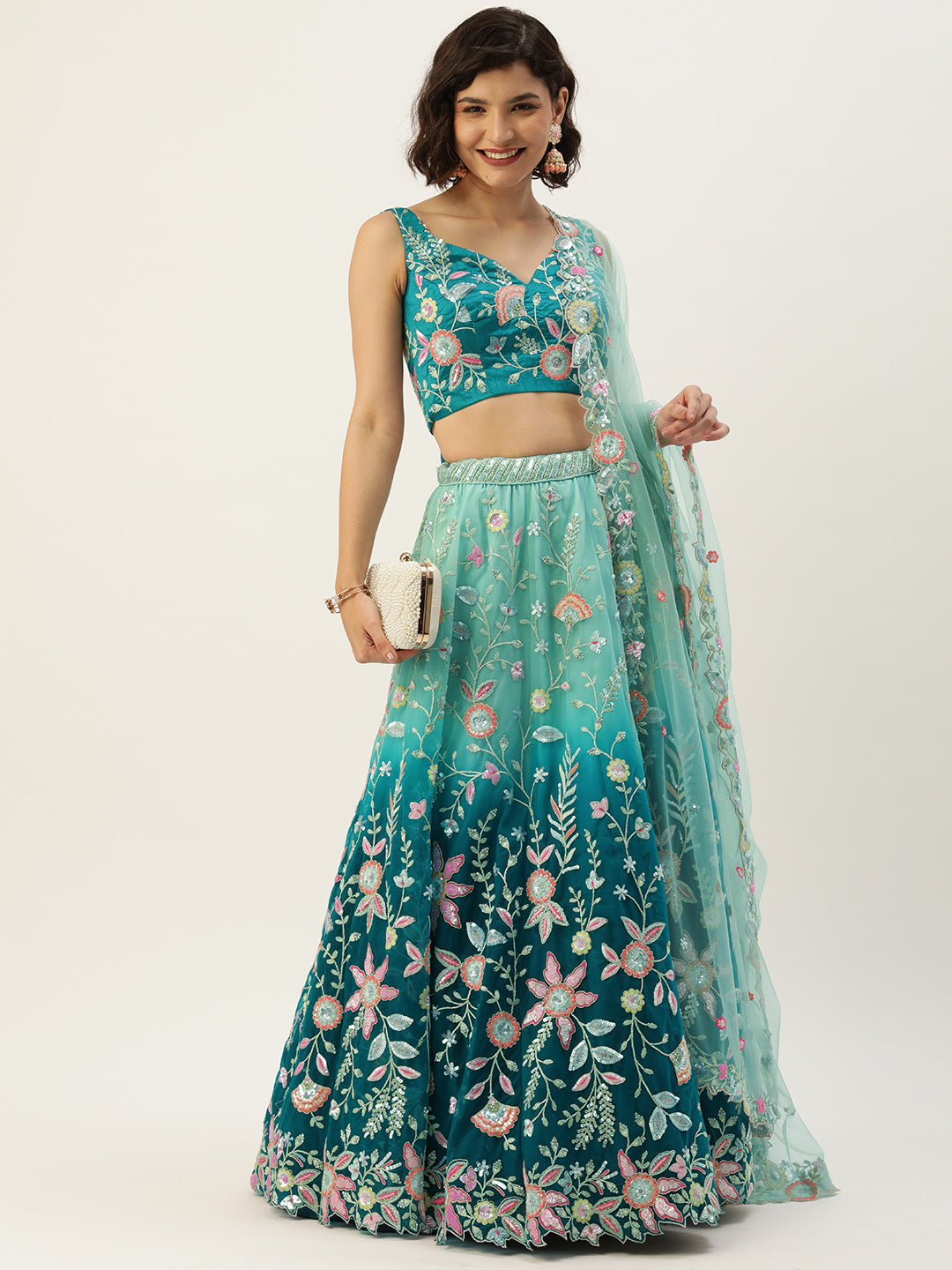 Women's Teal - Shaded Net Sequins Embroidered Stitched Lehenga - Royal Dwells