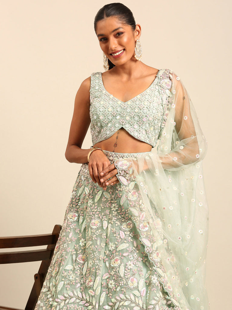 Women 's Sea green Net Multi Sequins with heavy Zarkan embroidery Ready to Wear Lehenga choli & Dupatta