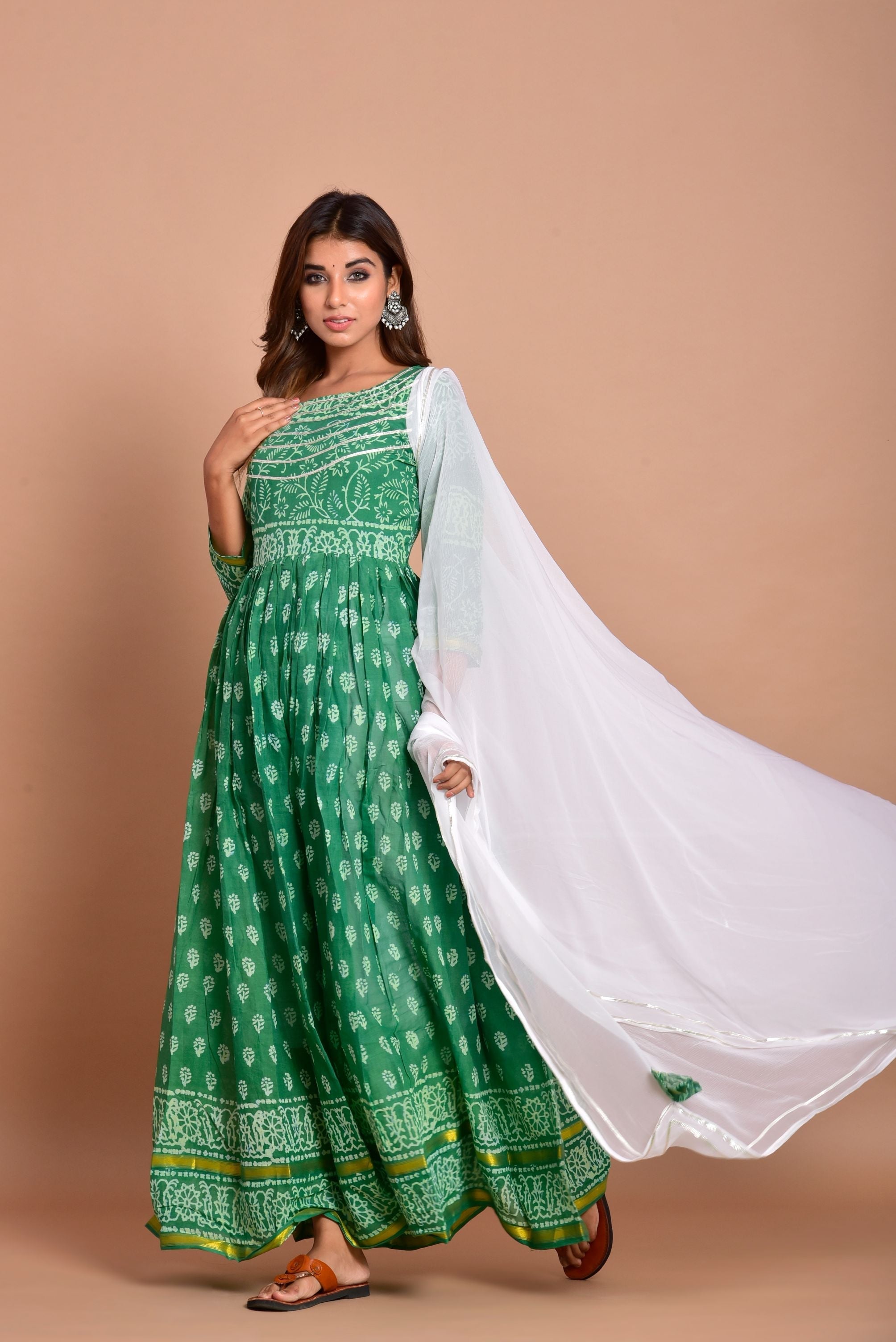 Women's Green Anarkali Dress With Dupatta- (2Pcs Set) - Saras The Label