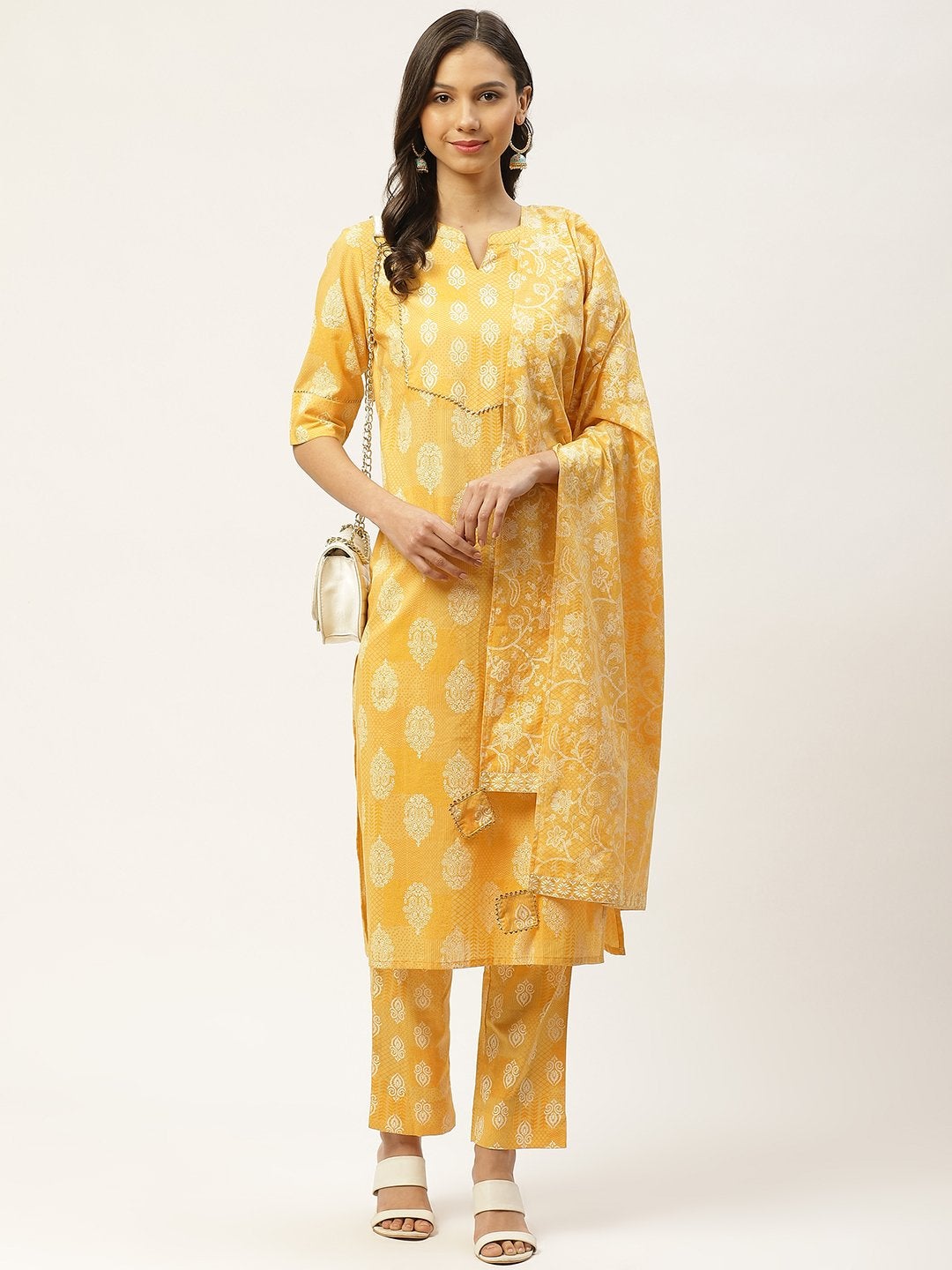Women's Yellow & White Ethnic Hand Printed Cotton Kurta with Trousers & Dupatta - Maaesa