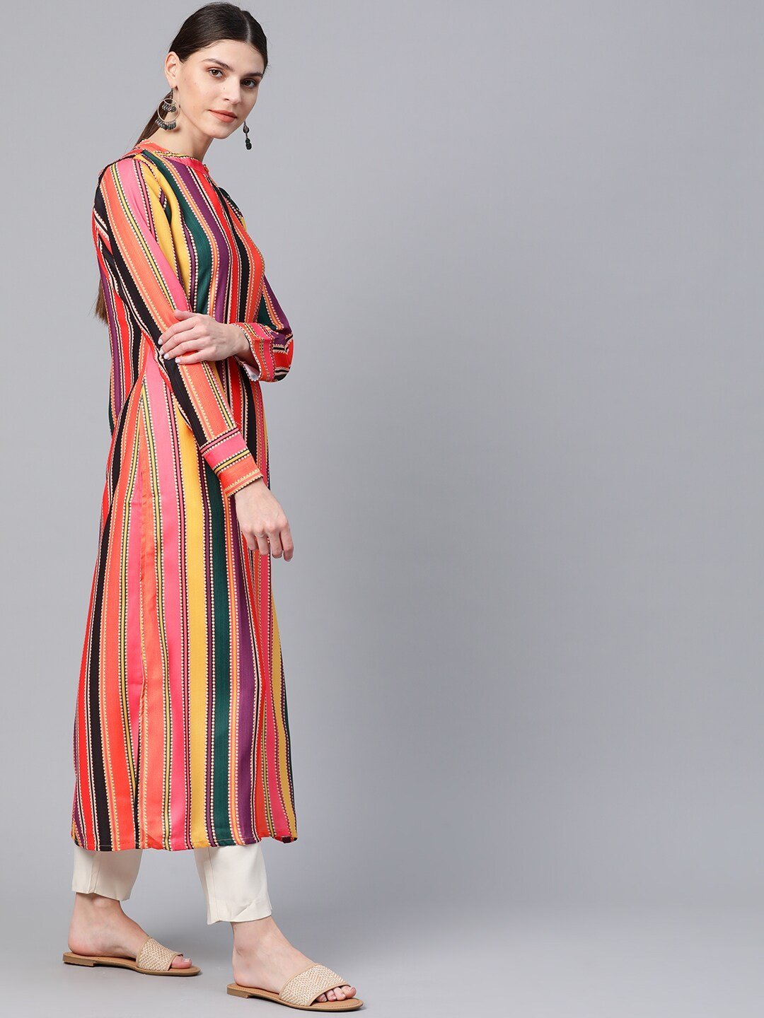 Women's  Multicoloured Striped Straight Kurta - AKS