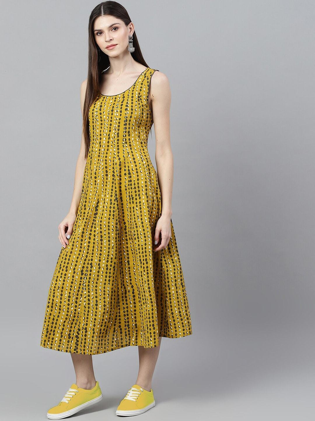 Women's  Mustard Printed A-Line Dress - AKS