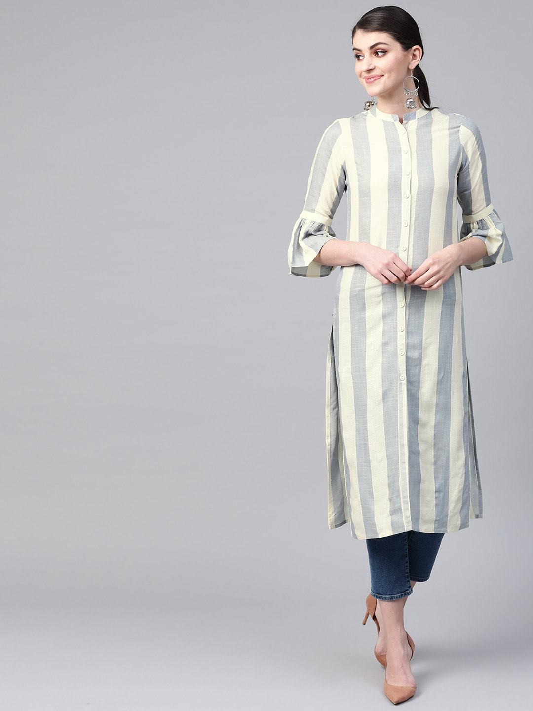 Women's Grey & Cream-Coloured Striped Straight Kurta - Meeranshi