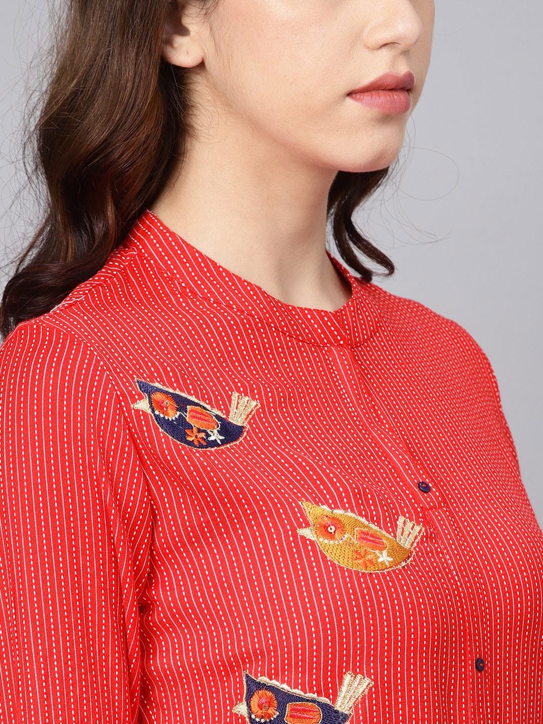 Women's Red Embroidered Straight Kurta - Meeranshi