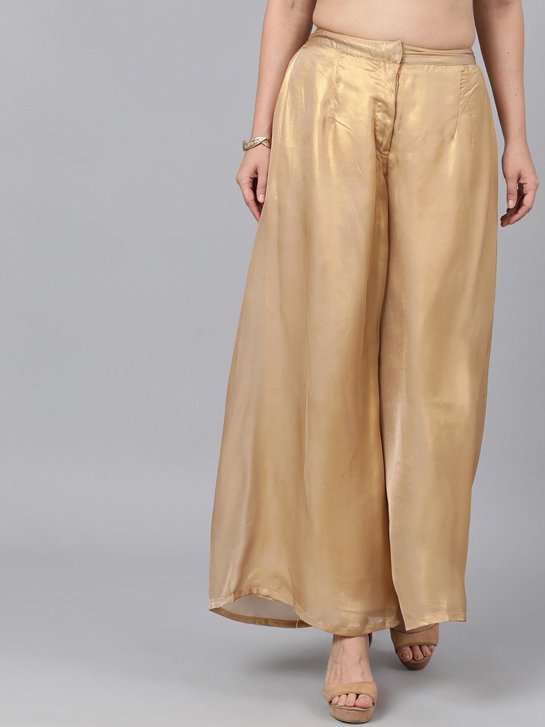 Women's  Gold-Toned Solid Flared Palazzos - AKS