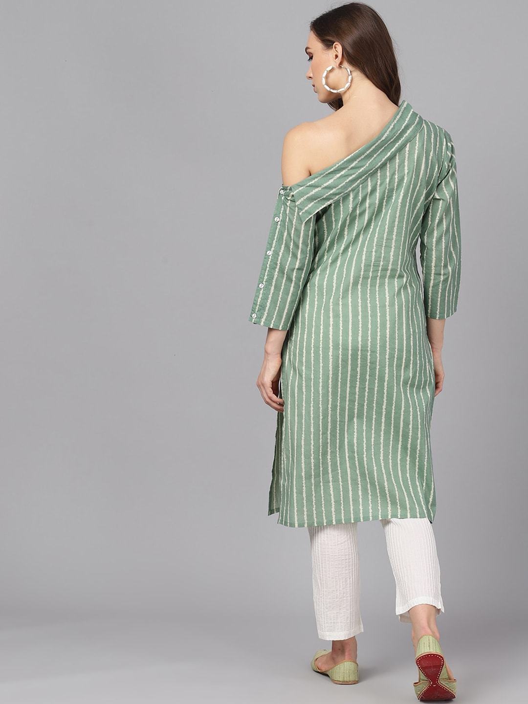 Women's  Green & Off-White Striped Straight Kurta - AKS