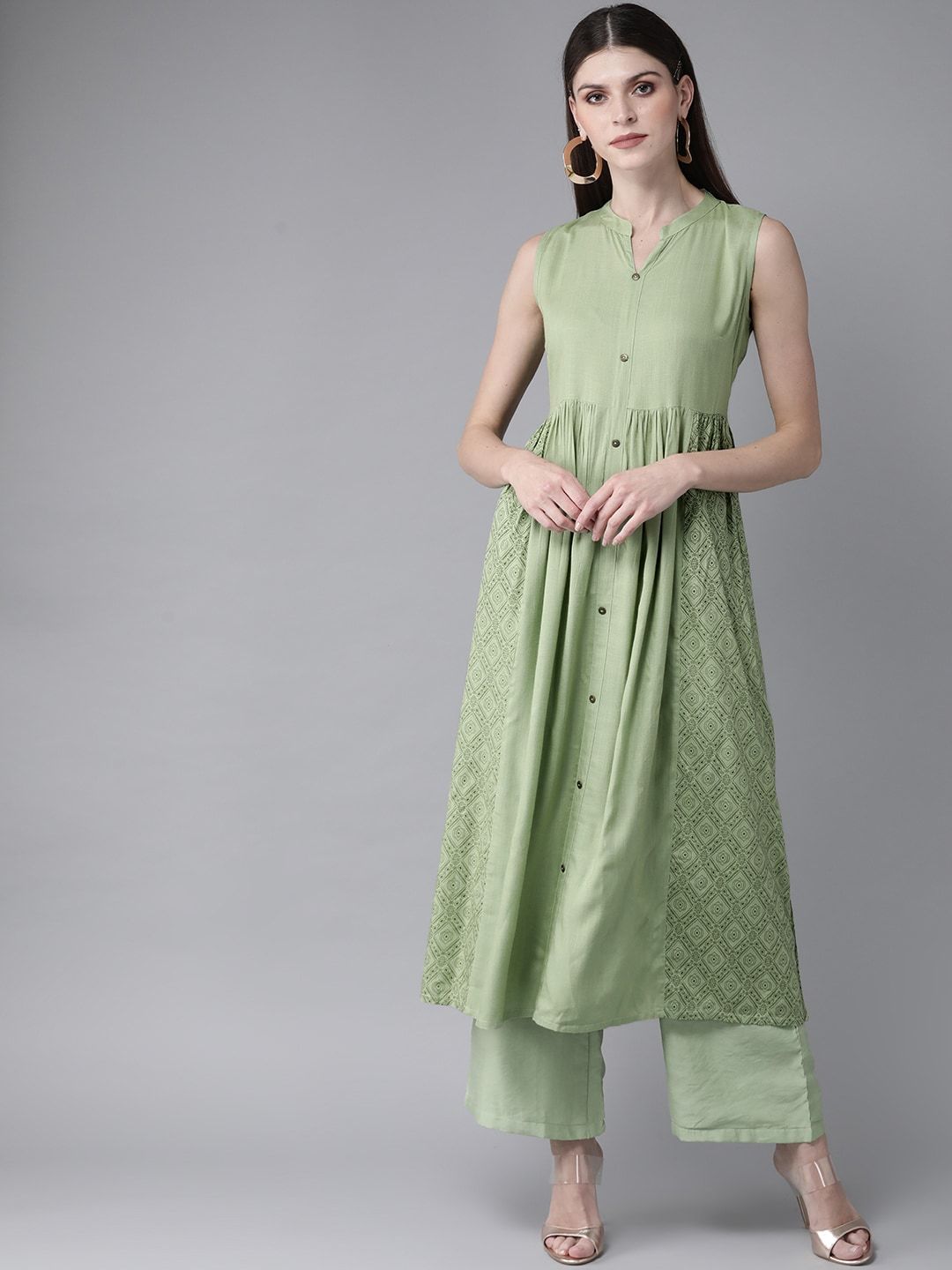 Women's  Green Printed A-Line Kurta - AKS
