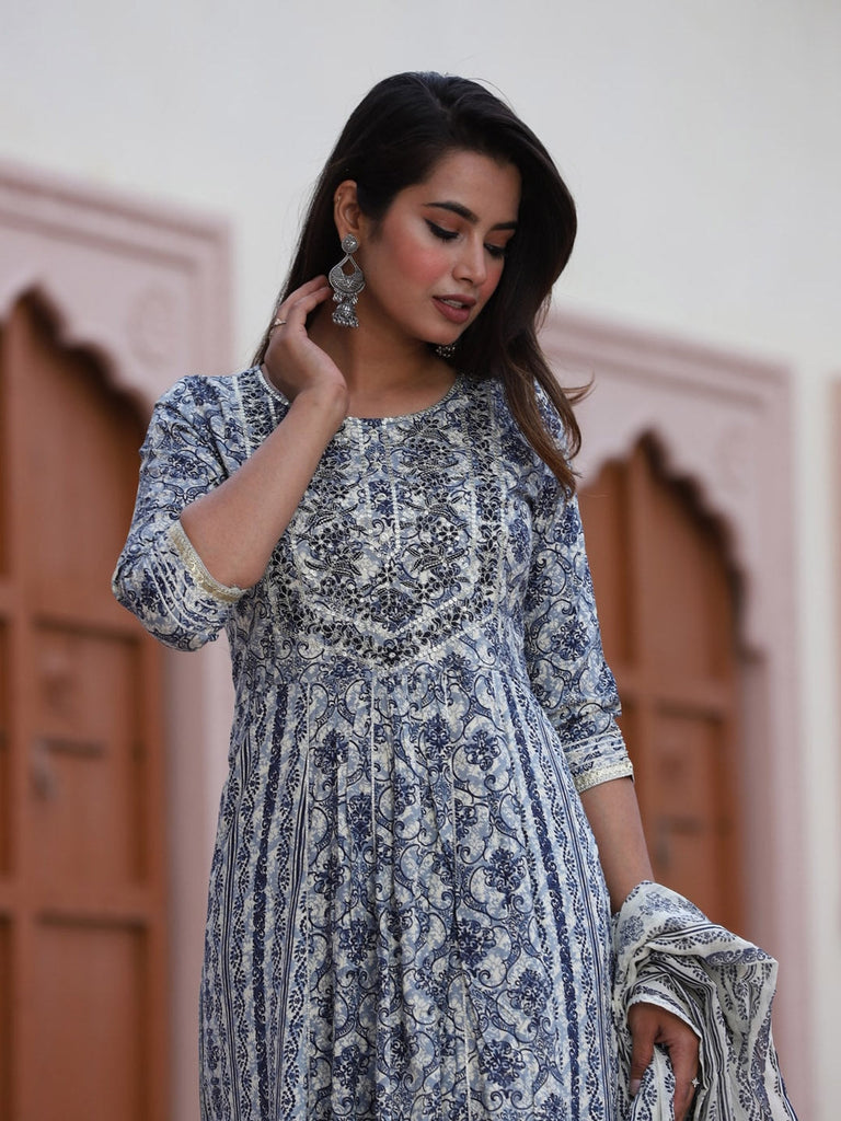 Women's Floral Printed Flared Kurta With Palazzos & Dupatta