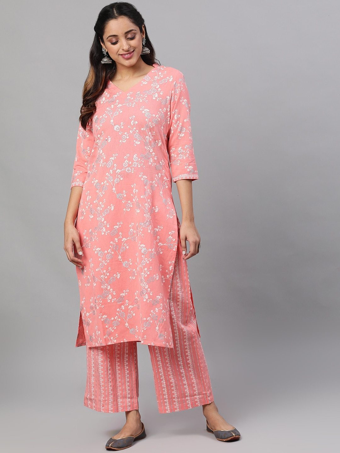 Women's  Peach-Coloured & Silver-Toned Printed Kurti with Palazzos - AKS