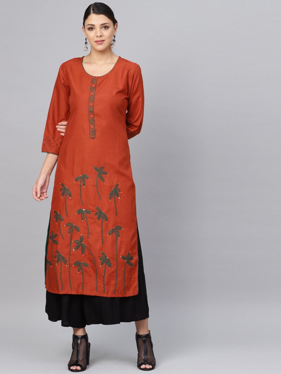 Women's Rust Orange & Green Embroidered Straight Kurta - Meeranshi