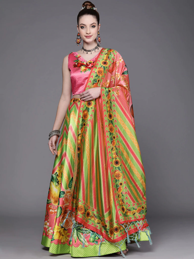 Women's Digital Print Shiney Satin Semistitched Lehenga Choli With Unstitched Blouse And Thred Work Dupatta