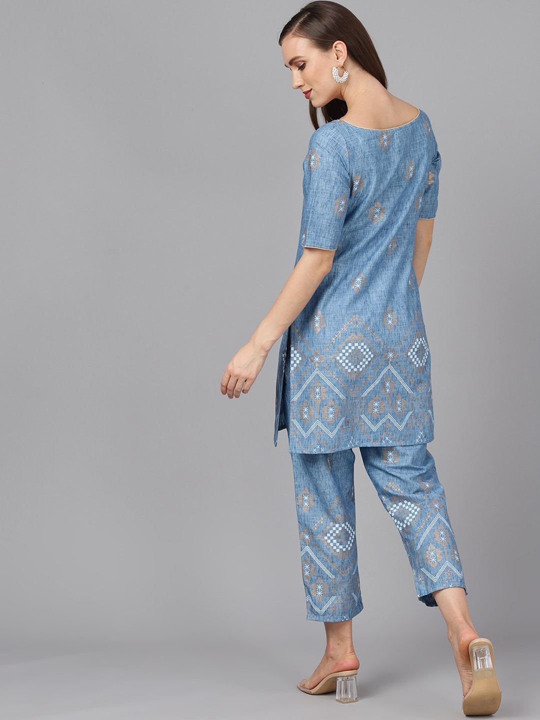 Women's  Blue & Gold-Coloured Printed Kurta with Trousers - AKS