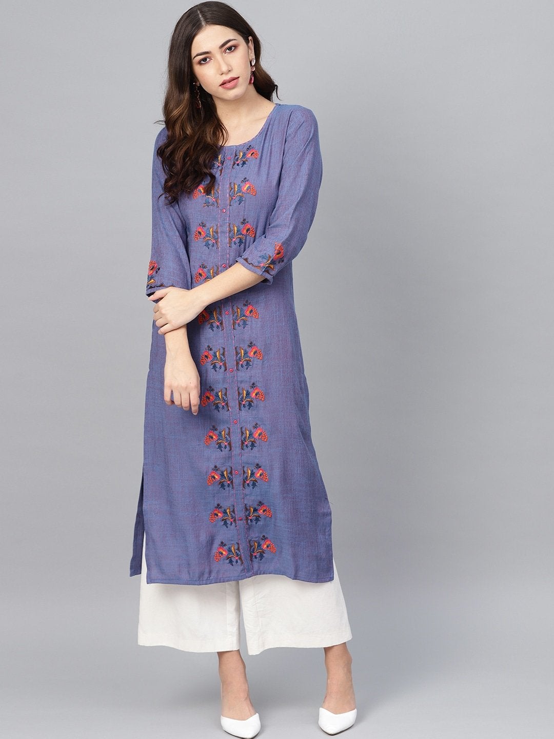 Women's Blue & Pink Embroidered Straight Kurta - Meeranshi