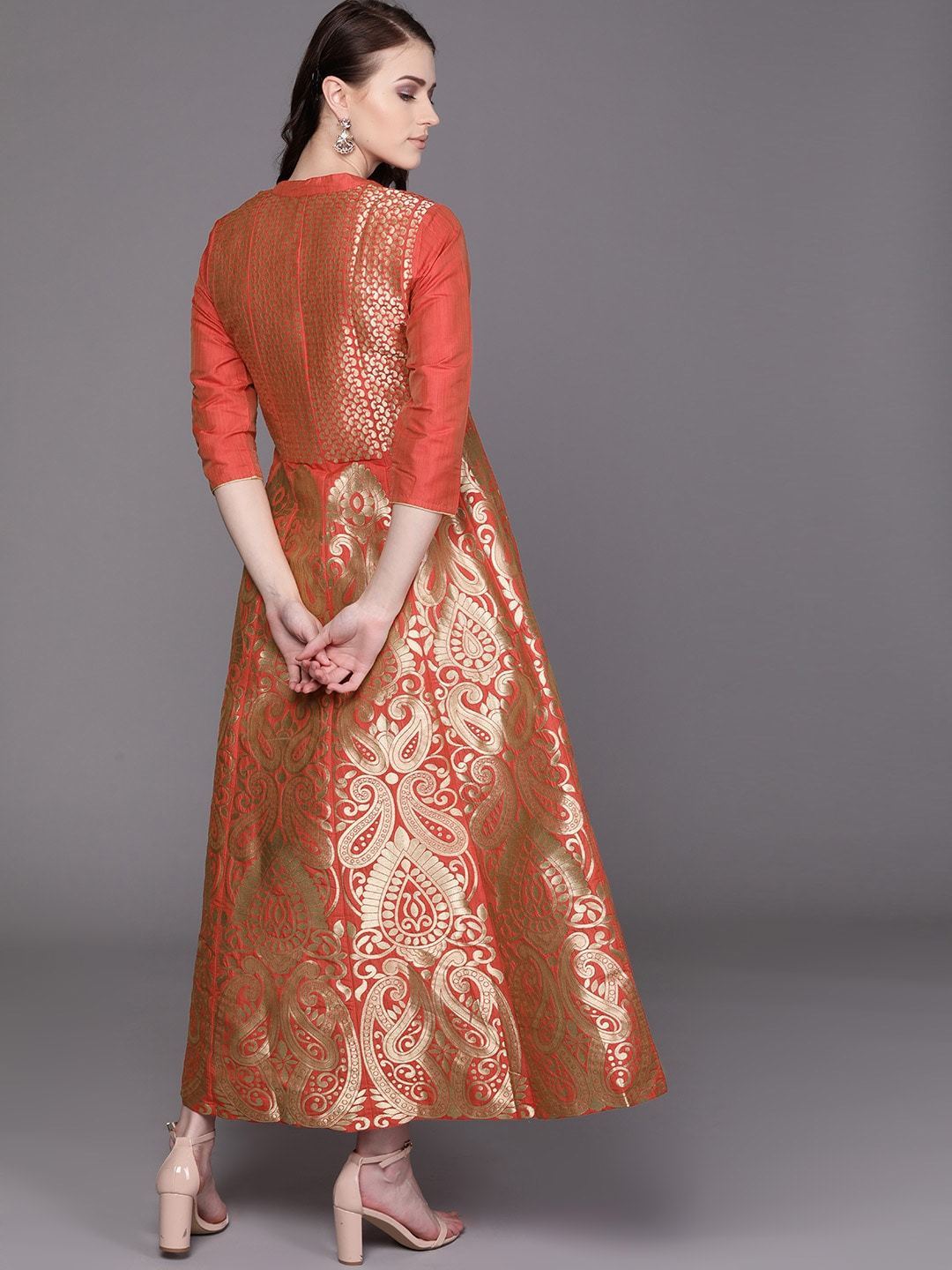 Women's  Orange & Golden Self Design Maxi Dress - AKS