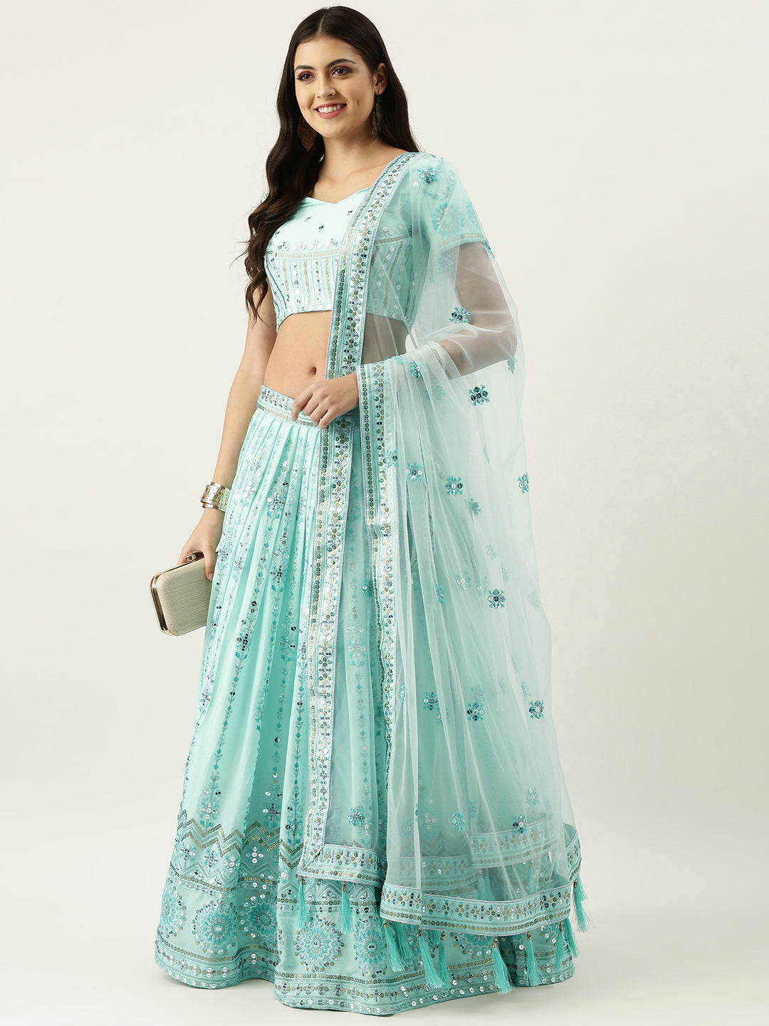 Women's Turqouise Blue Pure Georgette Embroidered Fully Stitched Lehenga & Stitched Blouse, Dupatta - Royal Dwells