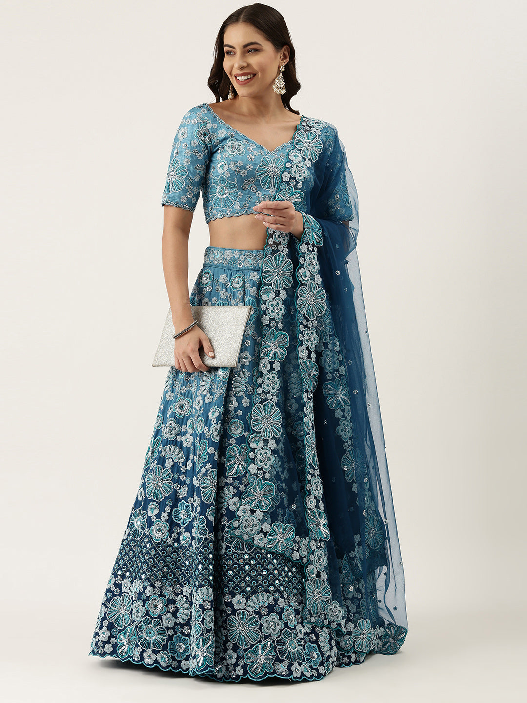 Women's Teal Pure Georgette Sequinse Work Fully Stitched Lehenga & Fully Stitched Blouse With Dupatta - Royal Dwells