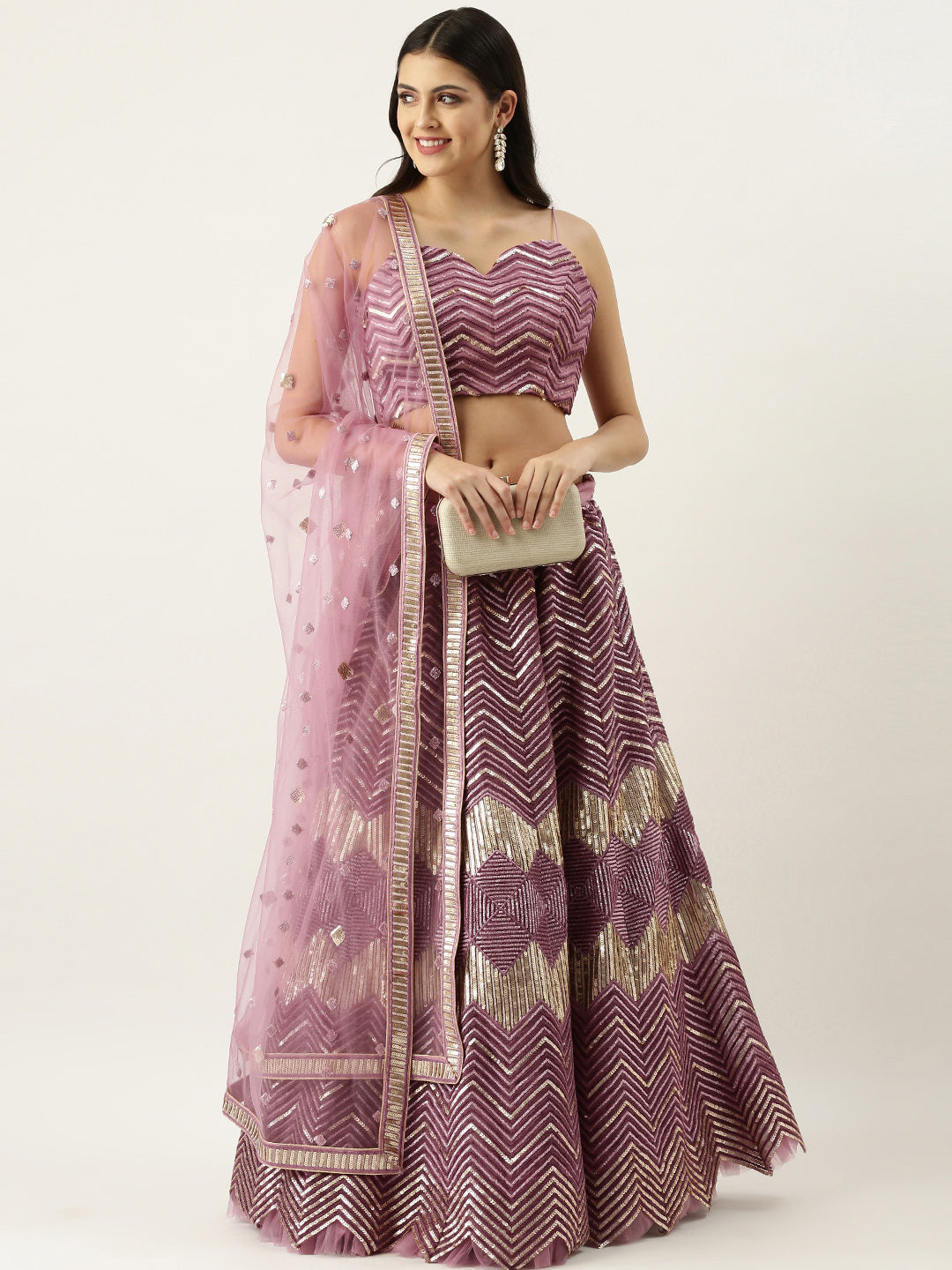 Women's Lavender Net Sequince Embroidered Lehenga & Blouse With Dupatta - Royal Dwells