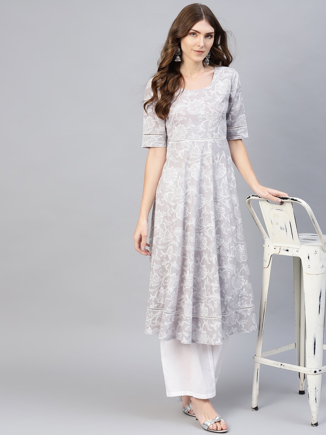 Women's  Grey & White Floral Khari Print A-Line Kurta - AKS