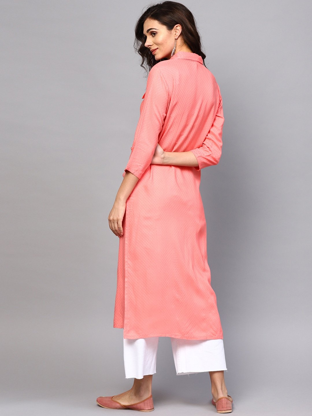 Women's  Peach-Coloured Woven Design Pathani Kurta - AKS