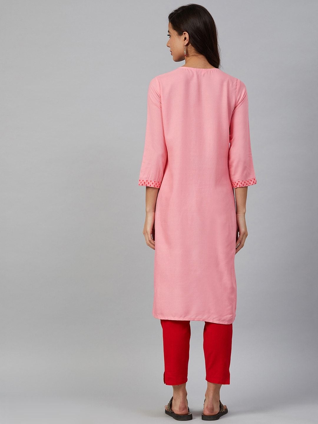 Women's Pink Solid Straight Kurta with Attached Ethnic Jacket - Meeranshi