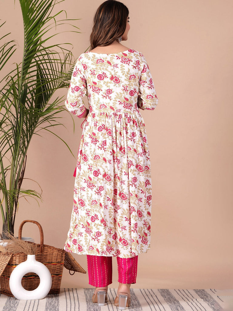 Women's Floral Printed Empire Thread Work Kurta With Palazzos & Dupatta