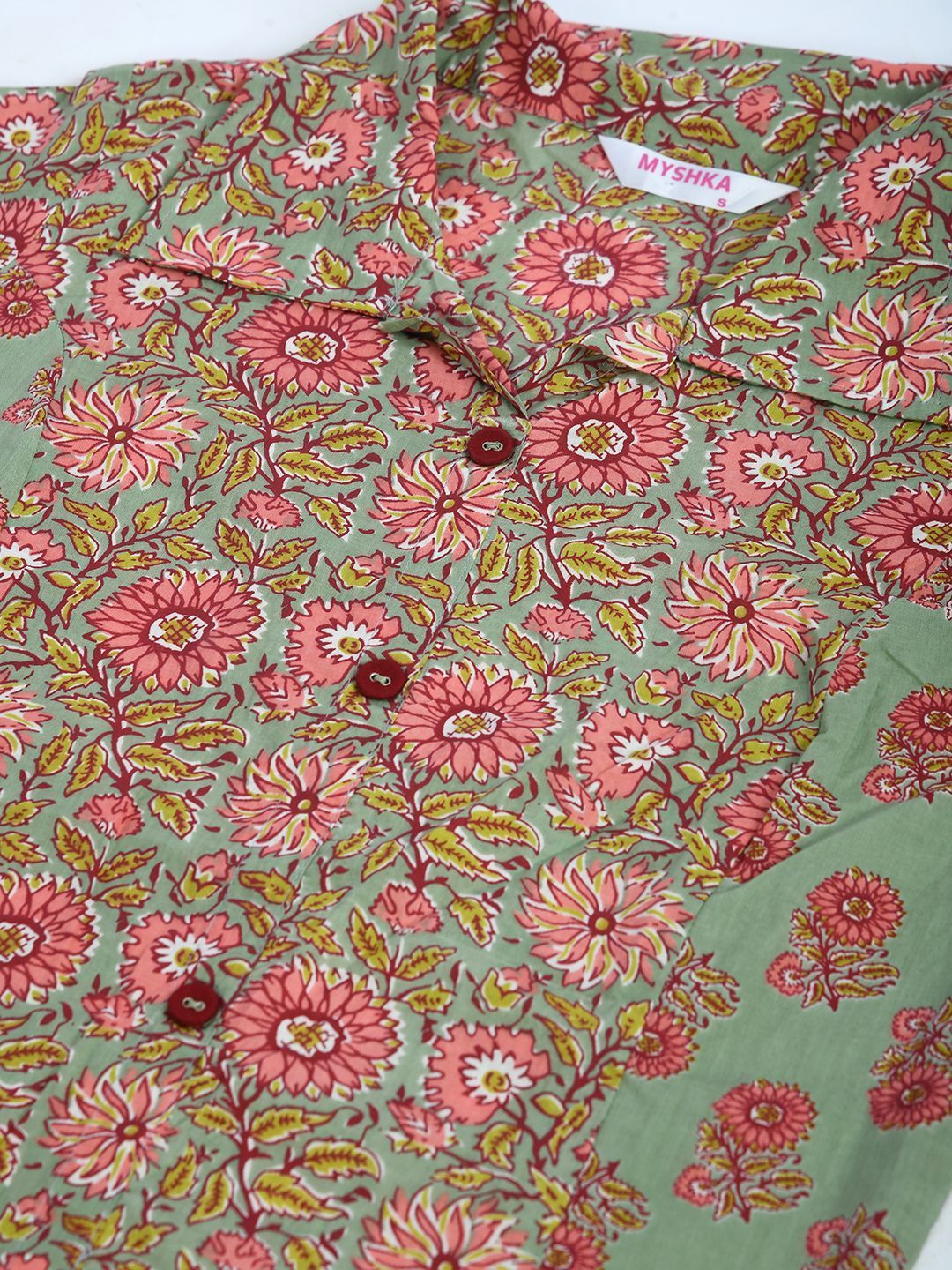 Women's Multi Cotton Printed 3/4 Sleeve Shirt Coller Casual Kurta Pant Set - Myshka