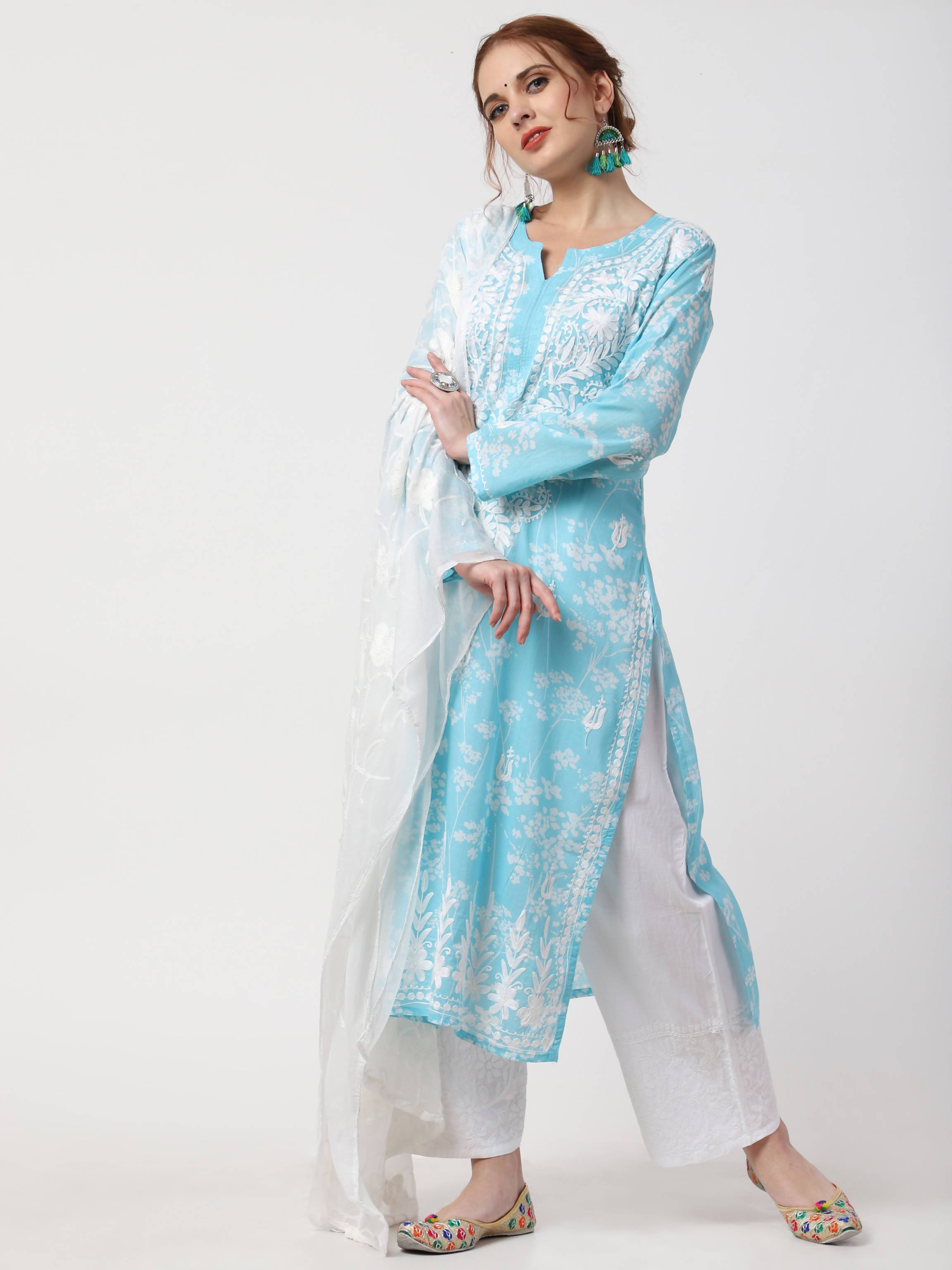 Women's Sky Blue & White Cotton Chikankari Kurta Palazzo & Dupatta Set - Cheera