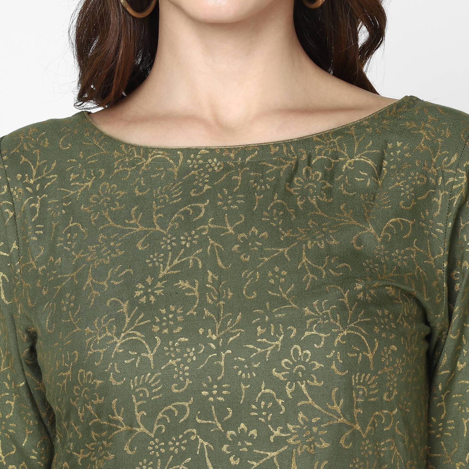 Women's Olive Green & Skin Color 100% Cotton Hand Block Print Straight Kurta With Palazzo Set - Cheera