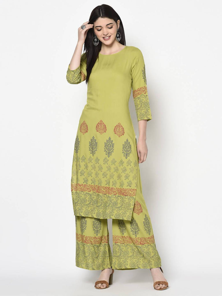 Women's Parrot Green Rayon Block Print Flared slip-on Palazzo