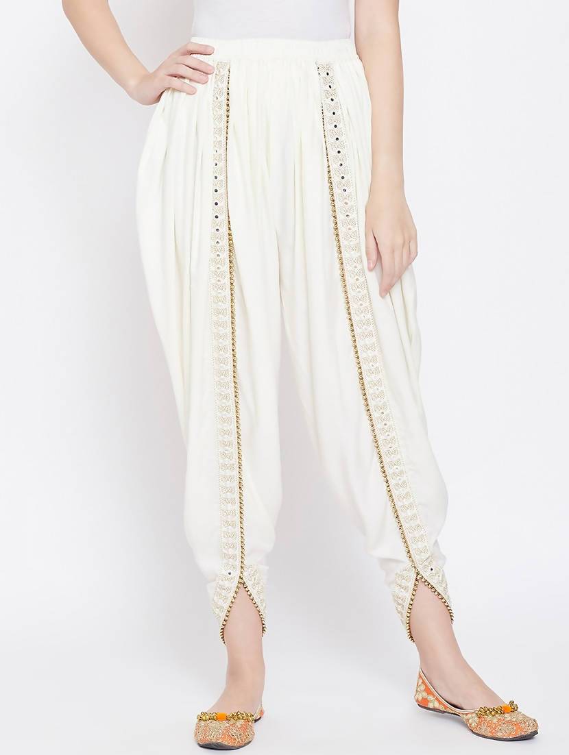 Women's White Viscose Rayon Dhoti With Golden Lace - Cheera