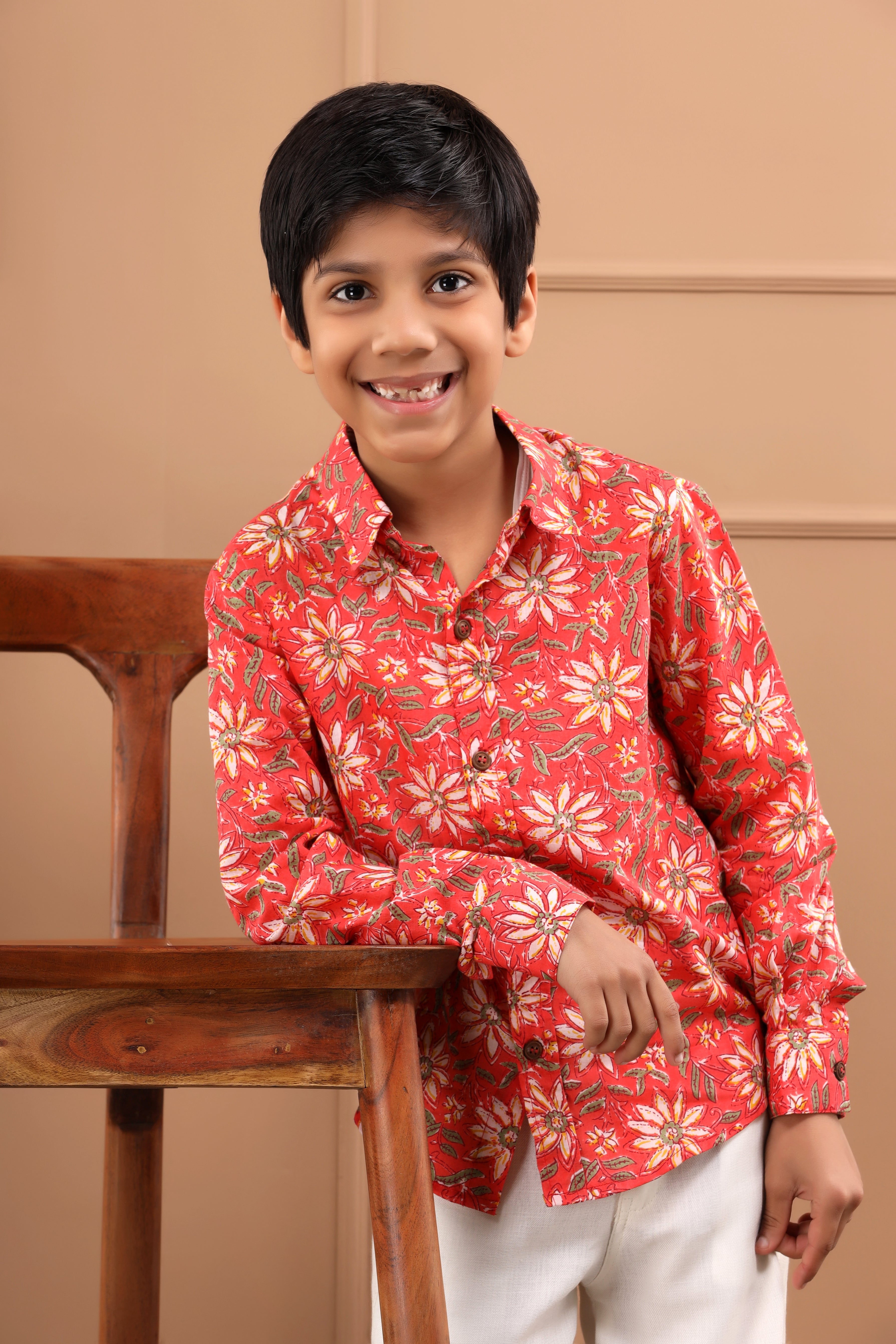 Boy's Floral Printed Red Shirt - Hatheli Kids