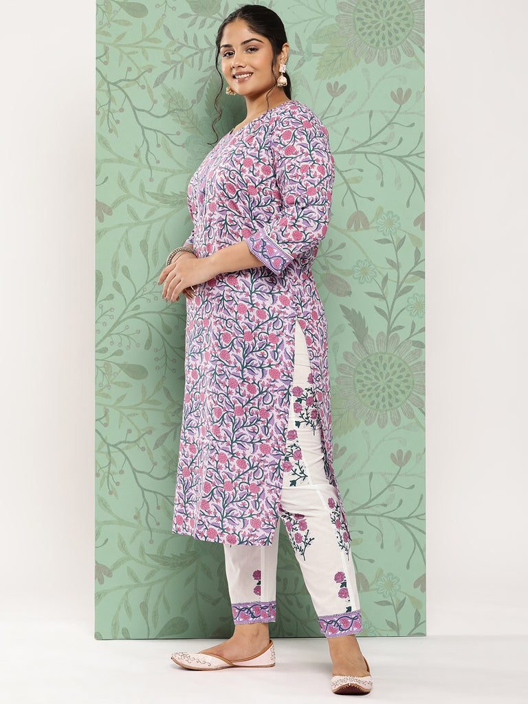 Women's Lavender & White Ethnic Motifs Printed Kurta With Trousers & Dupatta
