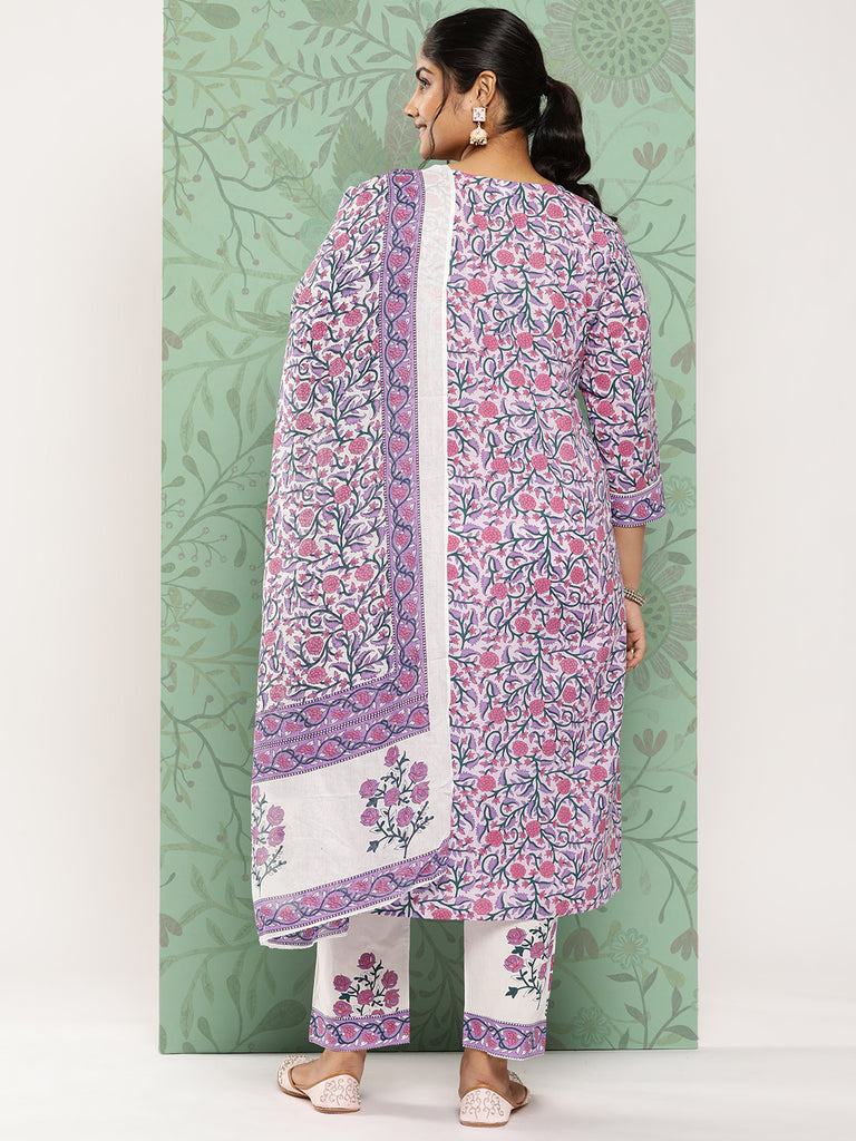 Women's Lavender & White Ethnic Motifs Printed Kurta With Trousers & Dupatta