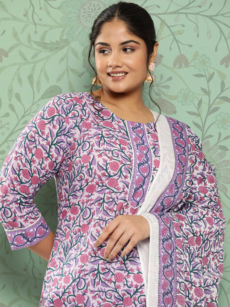 Women's Lavender & White Ethnic Motifs Printed Kurta With Trousers & Dupatta