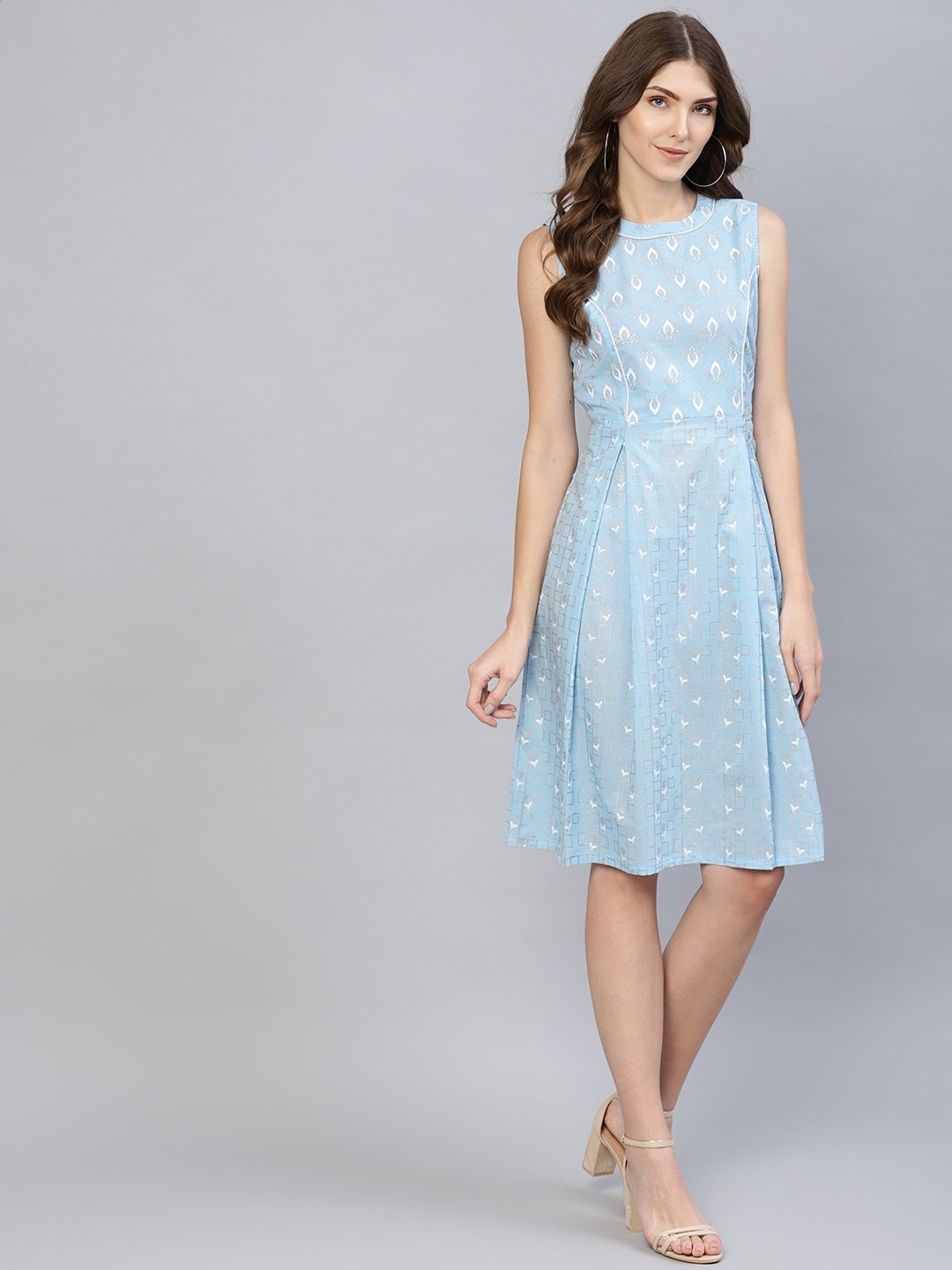 Women's  Blue & White Khari Print A-Line Dress - AKS