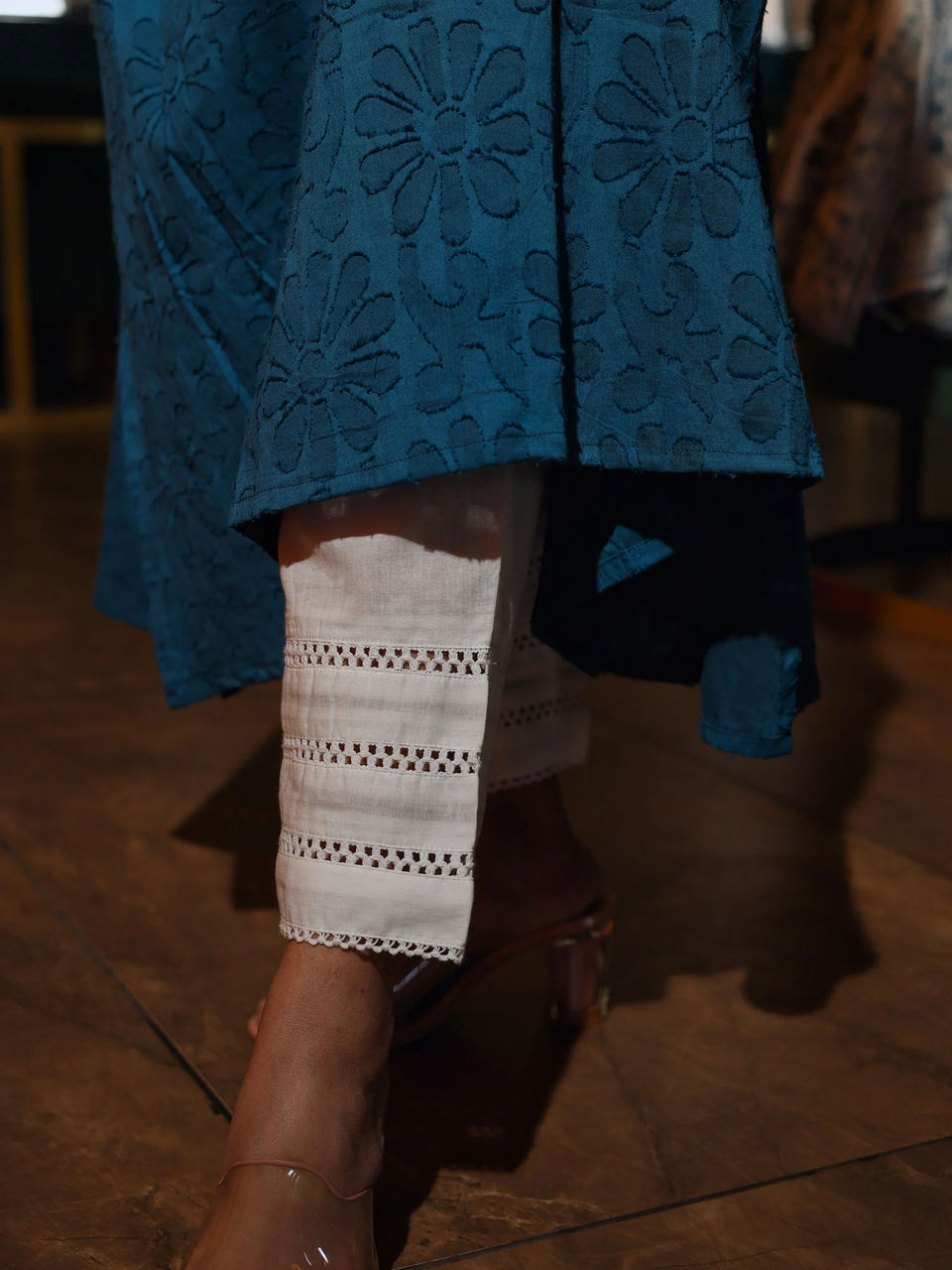 Women's Midnight Blue Cotton Dobby Kurta With Palazzo & Dupatta Set - Hatheli