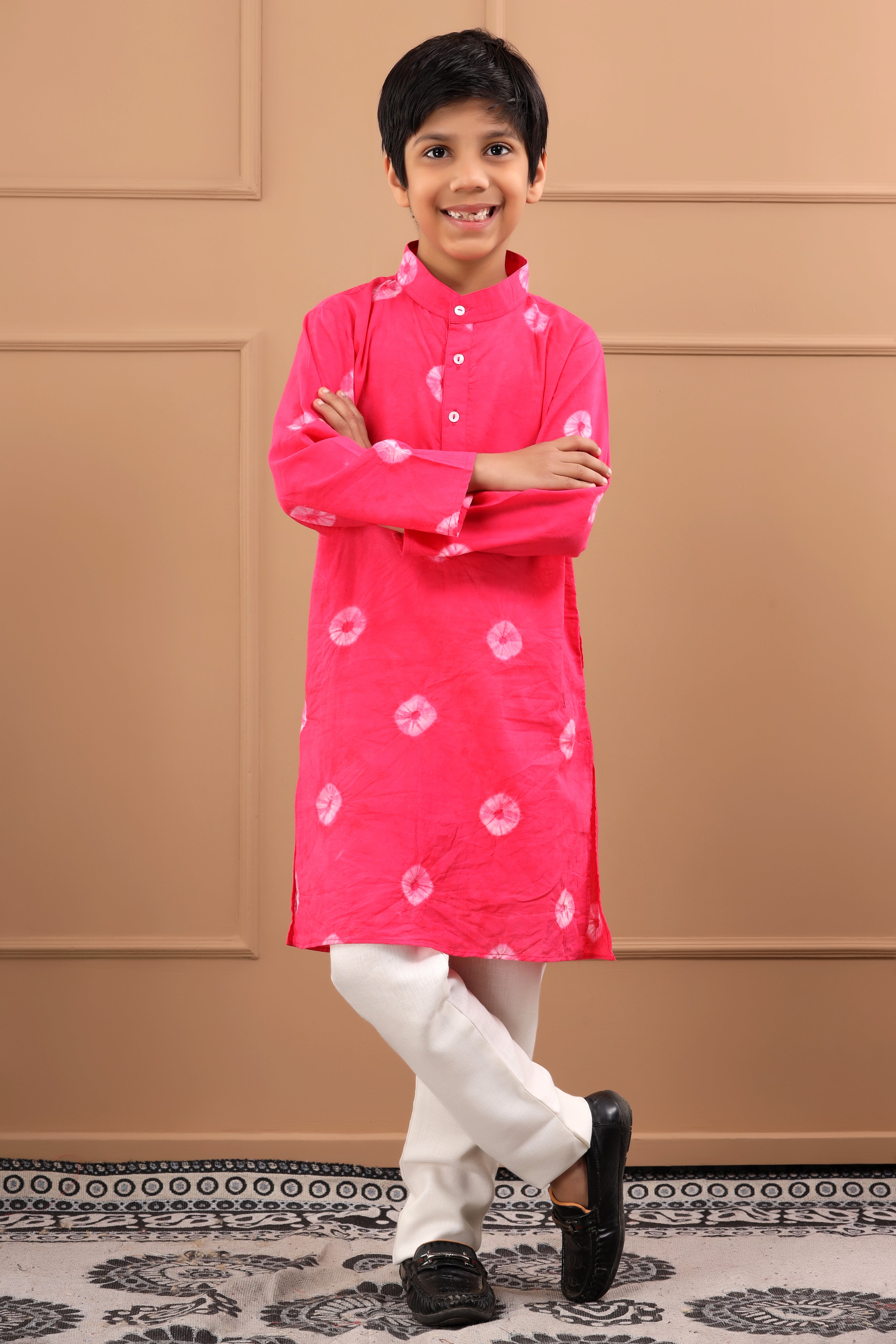 Boy's Pink Bandhani Cotton Sustainable Kurta - Hatheli Kids